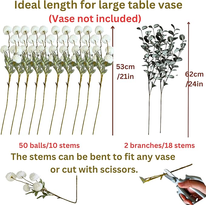 RyddeligHome White Faux Kiku Flowers for Vase - 10 Long Stem Artificial Flowers with Eucalyptus, Realistic Winter Floral Stems for Tall Vases, Farmhouse Home Decor (Premium Quality)