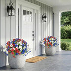 Hananona 2 Set Artificial Outdoor Flowers with Hanging Basket, 2 Hanging Planters with 24 Pcs Patriotic Flowers for Summer Front Porch Patio 4th ofJuly Decor (2, Red, White, Blue)