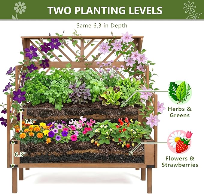 ketive 2 Tier Raised Garden Bed with Trellis & Top Shelf, Elevated Wooden Planter Box for Vegetables Flowers Herbs, Outdoor Vertical Gardening Planter for Backyard Patio Balcony