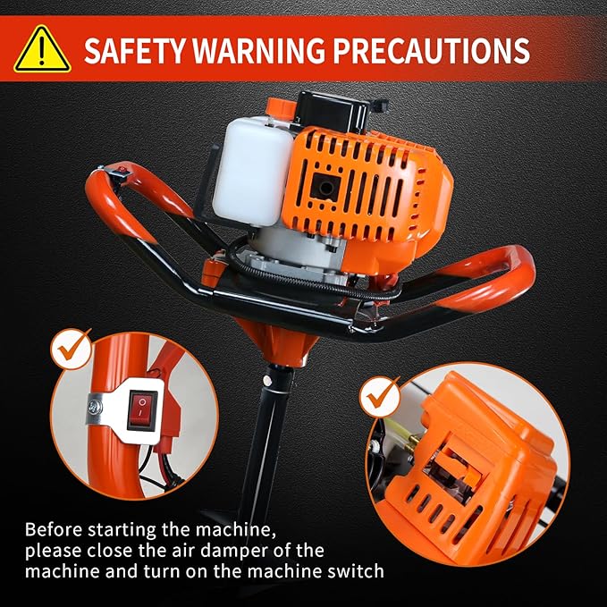 62cc Post Hole Digger 2-Stroke Petrol Gas Powered Earth Digger with 4 Auger Drill Bits (4" 6" 8" & 12") + 3 Extension Rods（8" 12" & 20"） for Farm Garden Plant