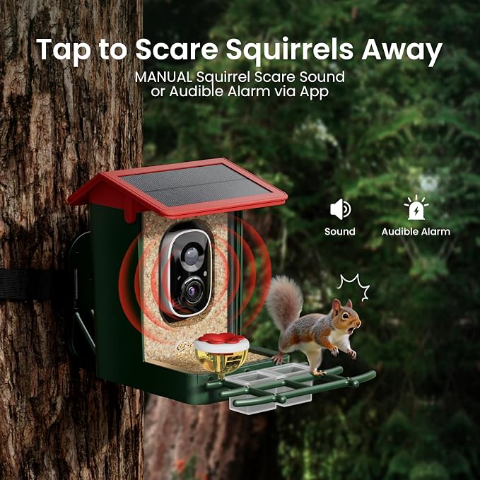 Smart Bird Feeder with Camera Solar Powered, 2K HD Video, AI Bird Species Identification, Instant Arrival Alerts, Weatherproof Design for Effortless Birdwatching, Gift for Fathers Day, Red