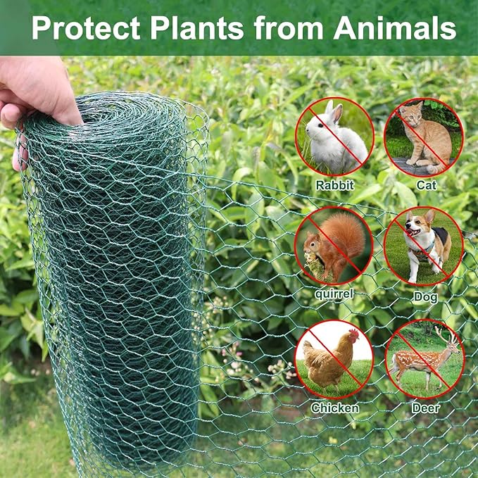32.8Ft x 16In Plant Protectors from Animals, Wire Plant Protector Cage, Metal Chicken Wire Fence for Garden Plant Protection Guards from Rabbits Squirrel Deer, with Stakes, Zip Ties, Gloves & Pliers