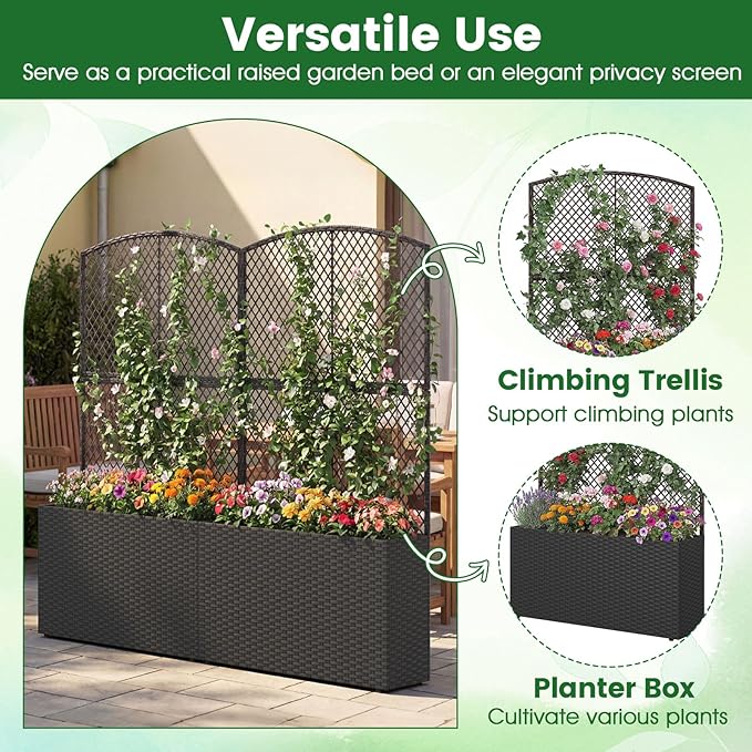 Giantex Raised Garden Bed with Trellis, 58'' Tall PE Rattan Planter Box w/Liner & Drainage, Metal Frame Privacy Screen for Vertical Climbing Plants, Vegetables & Flowers, Patio Balcony Gardening