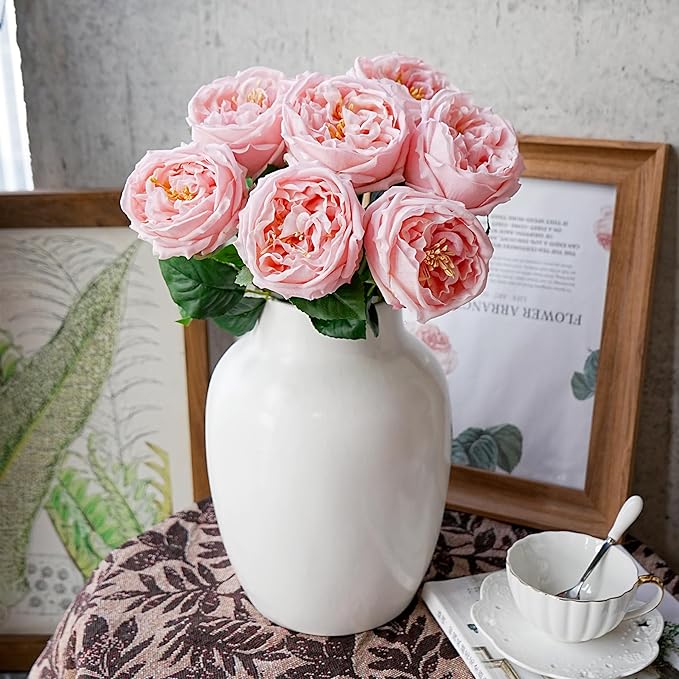 Jahe 6Pcs Fake Austin Flowers David Austin Roses, 17'' Faux Peonies for Flower Arrangements, Home Decor Peony Artificial Flowers, Living Room Decoration Vivid Roses Peonies, Pink