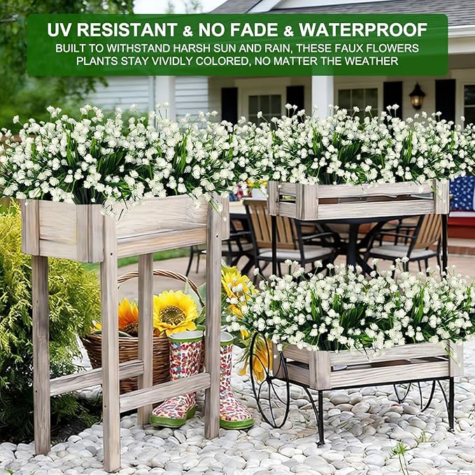 TURNMEON 20 Bundles Artificial Flowers for Outdoors,Spring Grass Camellia Fake Flowers Plastic Plants,UV Resistant No Fade Faux Greenery for Gardens Porch Planter Summer Cemetery Decor 500 Head(White)