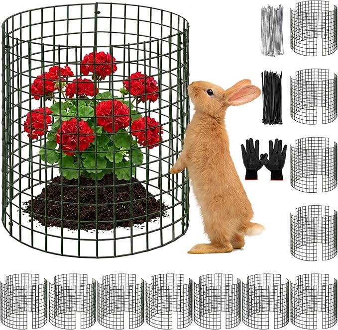 Hacaroa 12 Pack Wire Plant Protectors from Animals, 14"x13.5" Mesh Plant Protection Cage Chicken Wire Cloche, 36 Pcs Pre-Bent Panels, 40 Ground Stakes, 120 Nylon Ties, for Flowers, Shrubs, Dark Green