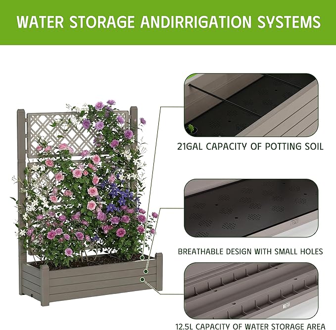 Elevated Raised Garden Bed with Trellis,Resin Planter Boxes Outdoor for Backyard Balcony,Large Patio Planter Box for Herbs Flowers Vegetables(Grey)