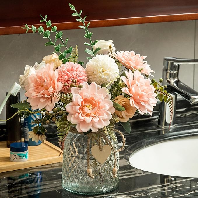 2 Pack Set Fake Flowers with Vase,Faux Flowers in Vase for Home Decor,Silk Pink Dahlia Artificial Flowers with Vase for Coffee Table Decor,Living Room Bathroom Plant Décor