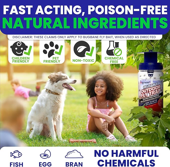 Fly Trap Outdoor Fly Traps for Patio with 2 Non-Toxic Dissolvable Bait Refills. Reusable Hanging Bug Catcher Killer for All Filth Flies for Outside Bug Control Yard Ranch. Hanging Chains Included.