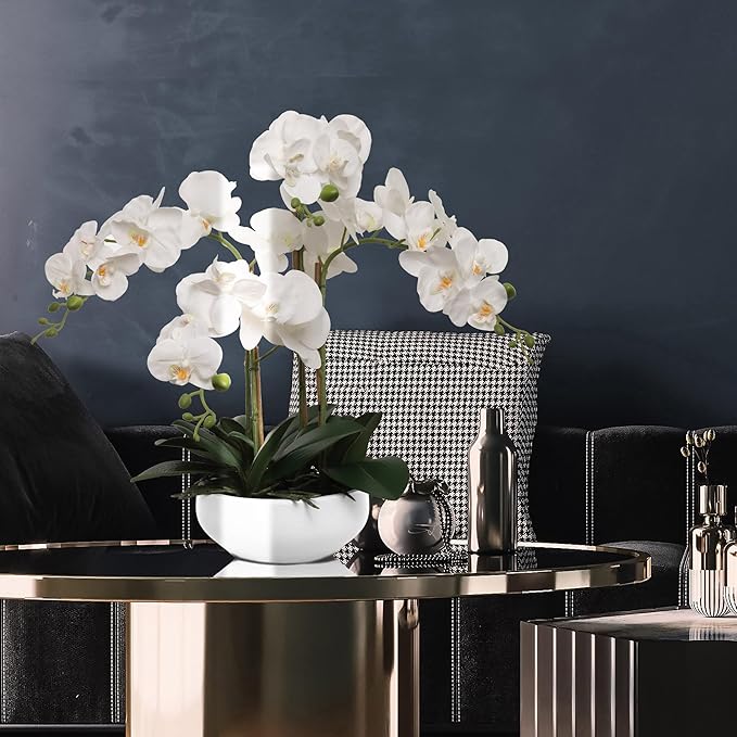 Larksilk 20" White Phalaenopsis Orchid Flowers in 8" Round White Pot | Realistic Faux Orchid | Elegant Indoor Decor for Home & Office