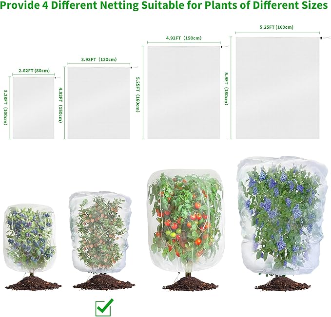 Garden Mesh Netting with Drawstring,Plants Cover Protection from Anti Birds,Bugs,Cicadas,and Insects-Pest Barrier Bag for Blueberry Bushes,Citrus,Tomatoes,Vegetables,Fruit Tree and Orange