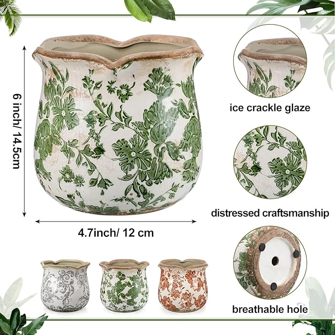 3 Pcs Ceramic Pots for Plants - 5.7 in Vintage Scroll Plant Pots with Drainage Hole Crackle Glaze Ceramic Planters for Home, Garden, Kitchen