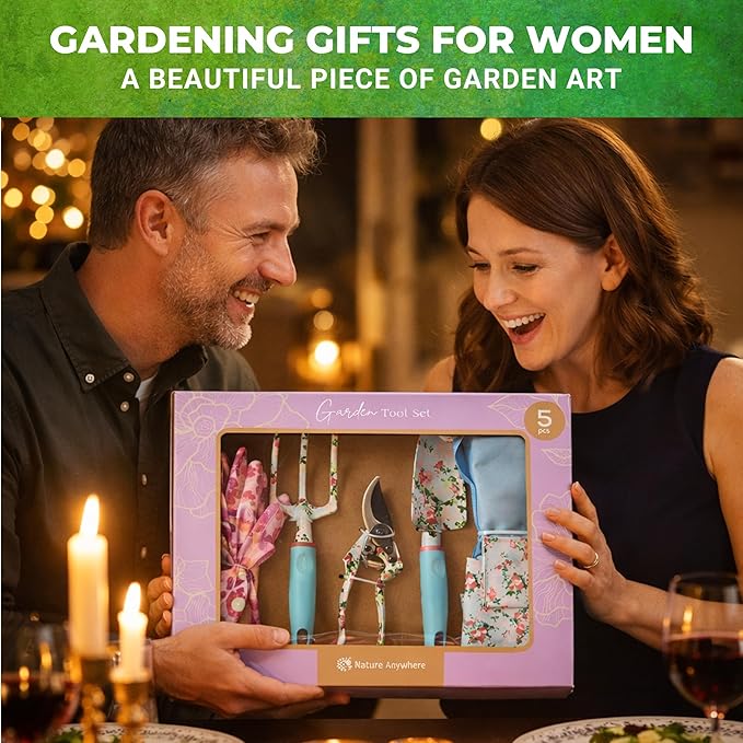 Nature Anywhere Gardening Tools for Women – Garden Tool Set, 5 Piece Gardening Kit with Garden Bag, Gloves, Shears & Trowel, Gardening Gifts for Women, Garden Tool Kit with Garden Tote Organizer