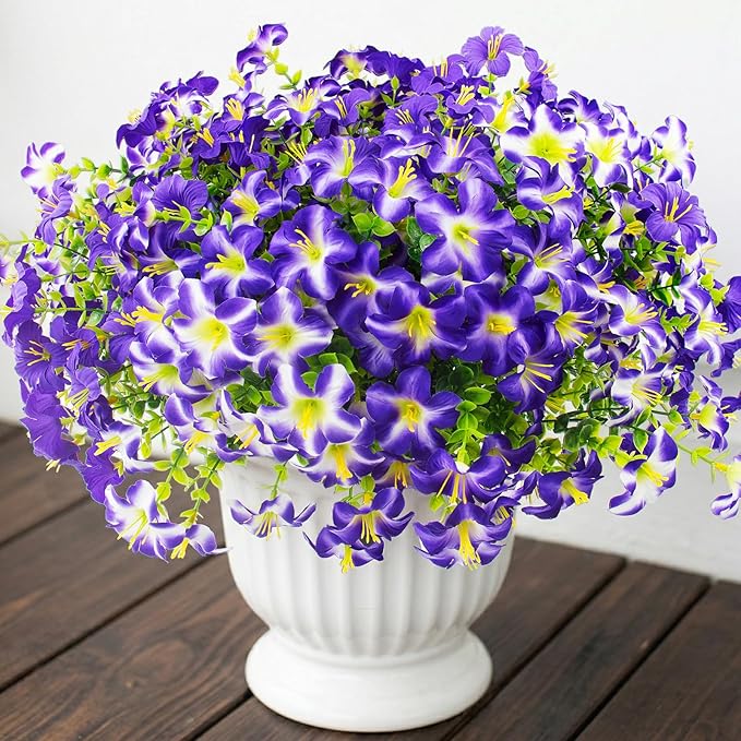 Daynight 32 Pcs Faux Petunias Artificial Flowers for Outdoors, UV Resistant Fake Purple Petunias Plants Realistic Silk Flowers for Porch Front Door Garden Window Outside Decor (32, Purple)