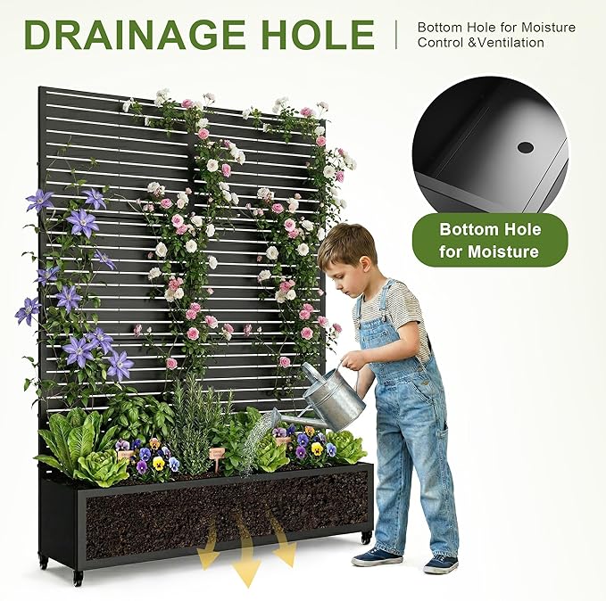 Casaphoria Metal Raised Garden Bed with Trellis and Wheels, 72"x47"x16" Planter Box for Climbing Plants, Vegetables & Vines, Features Drainage Holes and Privacy Screen (Black-Louvered)
