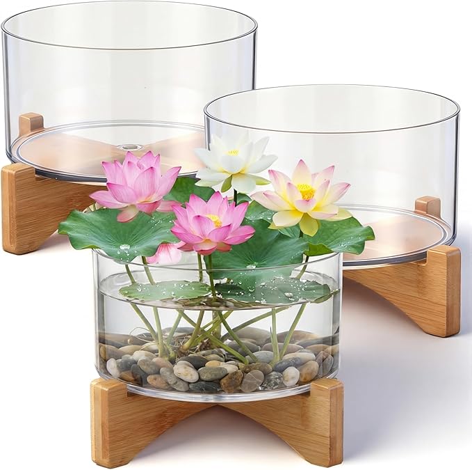 Baderke 3 Set Lotus Bowl Planter with Base, 5.9 Inch Plastic Hydroponic Planter Water Lily Bowl Large Fishbowl Plastic Container for Aquatic Plant Pot Fish Tank Aquarium Garden Decoration