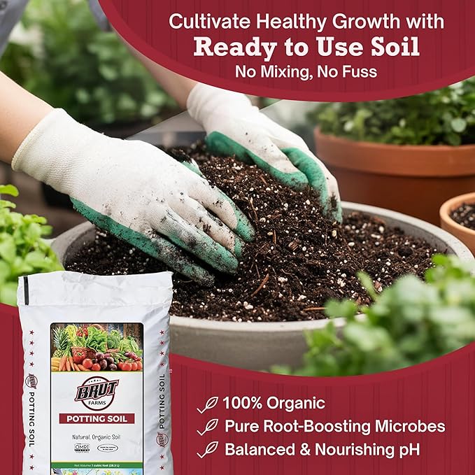 Brut Organic Potting Soil 1 CU FT – Premium Plant Soil with Organic Worm Castings, Trace Minerals & Perlite – Chemical-Free, Filler-Free – Ideal Potting Mix for Indoor & Outdoor Plants – Pack of 6