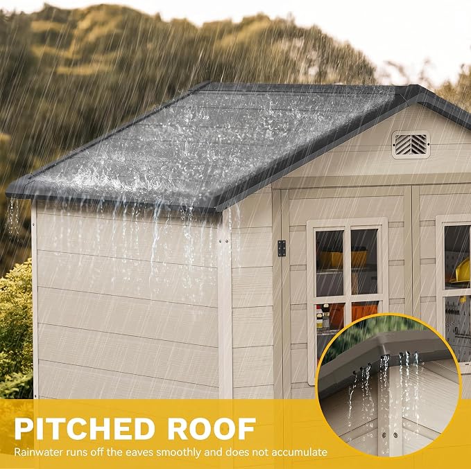 DWVO 6x4.4 FT Outdoor Storage Shed, Plastic Garden Tool Shed with 2 Windows, Double-Wall Outside Shed for Lawn Mower, Garden Shed for Backyard Patio, Lockable, Greige&Gray