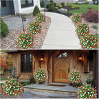2 Pack 24" White Red Faux Topiary Ball Trees with Spikes, UV Resistant Artificial Boxwood Plants with Flowers, Fake Shrubs for Spring Outdoor Planters, Front Porch Garden Decor