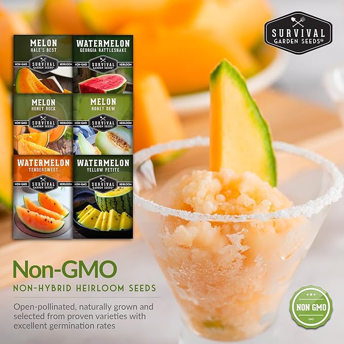 Melon Seeds for Planting Variety Pack – 6 Heirloom Cantaloupe, Honeydew & Watermelon Types – Honey Rock, Hale’s Best, Tendersweet, Georgia Rattlesnake – Survival Garden Seeds