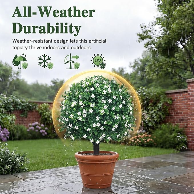 PATIO CHOICE Topiary Trees Artificial Outdoor Boxwood Ball Trees with Ground Spike Set of 2 22" Fake Outdoor Plants Faux Bushes and Shrubs Decorations for Outdoor Indoor Front Porch Garden
