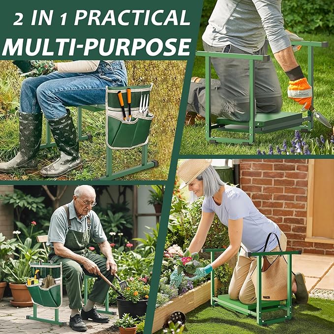 Garden Kneelers Seat, Stable and Save Anti-Tipping Design 10.2" Wider Garden Kneeler and Seat with Handle, Heavy Duty Gardening Stool for Seniors, Gardening Weeding Bench for Gardeners Parents - Green