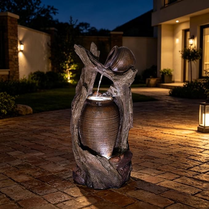 Solarbloom 39.3" H Outdoor Fountain with LED Lights and Pump, Farmhouse Clay Pot Floor Standing Waterfall Fountain, Garden Water Feature Decor