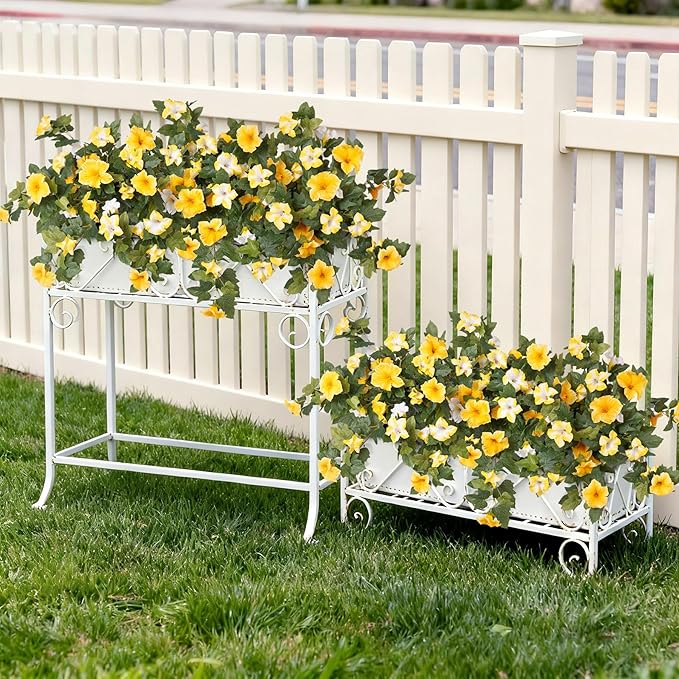 Ammyoo Artificial Fake Petunia Flowers for Outdoor Decoration, 2PCS Faux Silk Petunias Flower for Spring UV Resistant No Fade Realistic Plants for Garden Balcony Yard Porch Indoor Decor(Yellow White)
