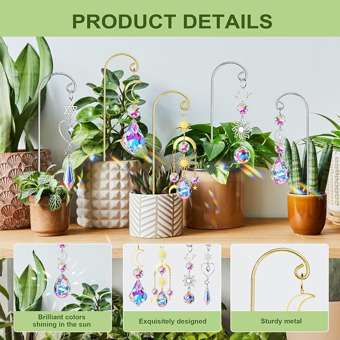 2PCS Metal Plant Trellis with Crystal Sun Catchers,6.7inch Mini Plant Stakes, Rainbow Crystal Prisms Decor for Potted Plants(Gold)