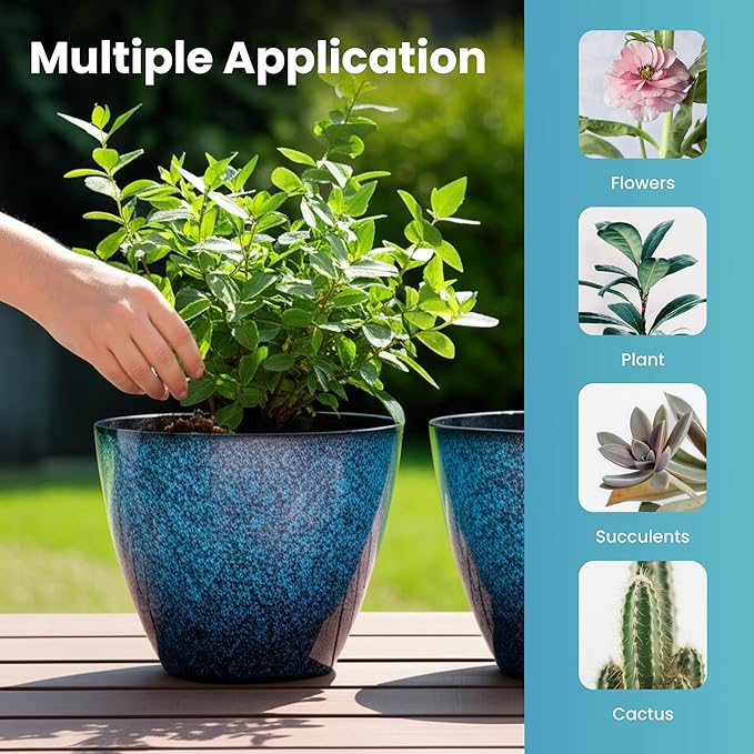 Vanslogreen 8 inch Plant Pots, Pack of 4 Plastic Planter for Indoor Outdoor Plant with Drainage Holes and Saucers, Flower Pots for Garden Home Decor (Blue, 4pcs)