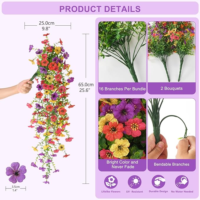 Artificial Hanging Flowers for Outdoors, 2 Pcs Fake Hanging Plants Spring Summer Decor, UV Resistant Faux Silk Daisy Flower for Front Door Porch Planter Patio Yard Garden(Purple Rose Red Yellow)