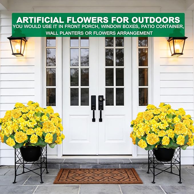 TURNMEON Artificial Geraniums Flowers for Outdoors Summer Decoration, 4 Bundles Fake Flowers Silk Yellow Flowers UV Resistant No Fade Faux Plants for Planter Gardens Table Porch Indoor Cemetery Decor