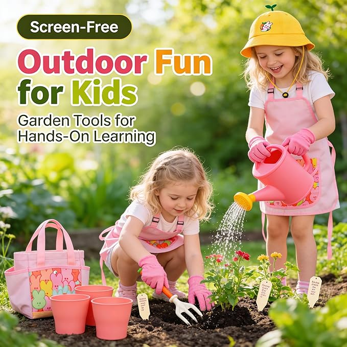 Kids Gardening Outdoor Tools Set with Adorable Sun Protective Hat & Bunny Apron, Carrot-Shaped Shovel Rake Trowel, Garden Kit for Toddlers Ages 3-8, Spring Birthday Gift