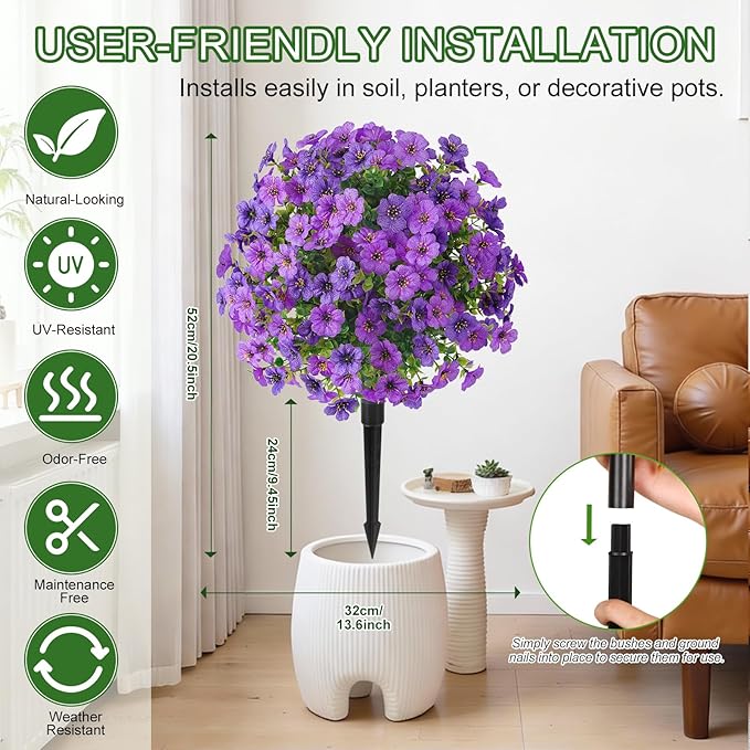 Alupssuc 2Pcs 20" Artificial Topiary Ball Flowers for Outdoors, Spring Decoration with Spike, UV Resistant Faux Summer Plants, Fake Bushes Indoor Decor, Purple Deep Purple for Garden, Porch & Patio