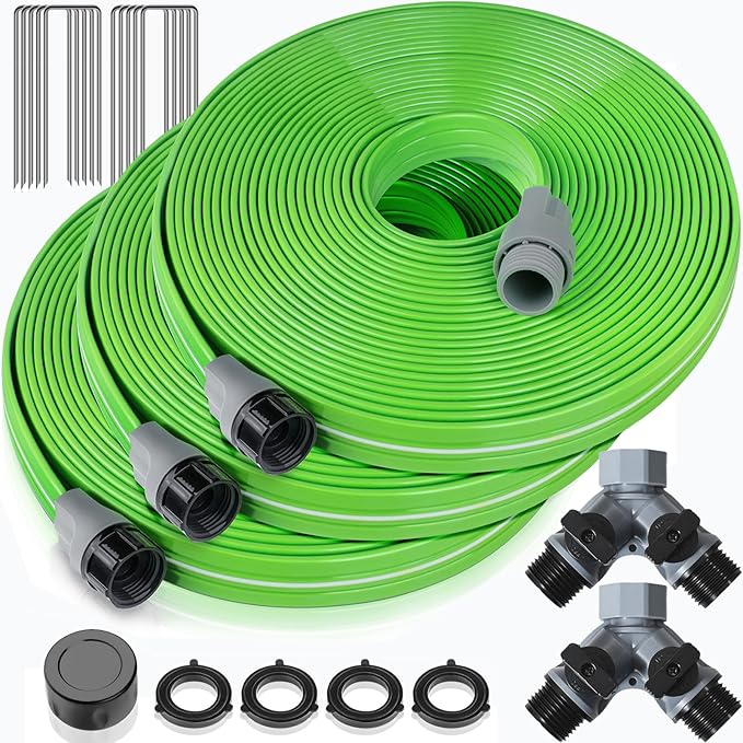 Heavy Duty Sprinkler Soaker Hose 75 FT, Flat Garden Hose with Holes, Efficient Flexible Irrigation Hose for Yard, Lawn and Garden, Includes Stakes (25FT x 3Pack)