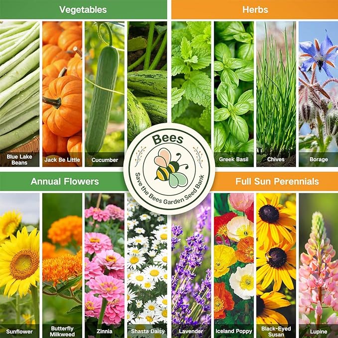 Lush&Dew Save Bees Garden Seed Bank, Gardening Gift for Women Men,16 Varieties Non-GMO Heirloom Pollinator-Friendly Flower Herb Seeds Kit, Planting in Raised Beds Outdoors, Milkweed Poppy Lupine