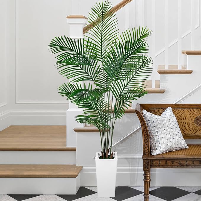 Palm Tree 6FT Artificial, 72in Tall Faux Palm Tree with 15.7 White Planter, Fake Potted Tree for Indoor & Outdoor Home Office Decor