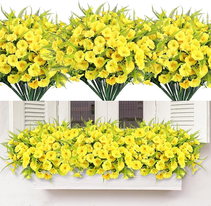 Artificial Flowers for Outdoors 12 Bundles Yellow Artificial Petunias Fake Flowers UV Resistant Shrubs Plants with Fern for Indoor Outside Hanging Planters Home Garden Spring Decorations