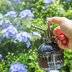 OFFIDIX Glass Plant Mister, 6.3 Inches Tall Vintage Style Spritzer Bronze Plastic Top Pump One Hand Watering Can Indoor Plant Spray Bottle for Garden, Plants, Cleaning (Distant Hill)