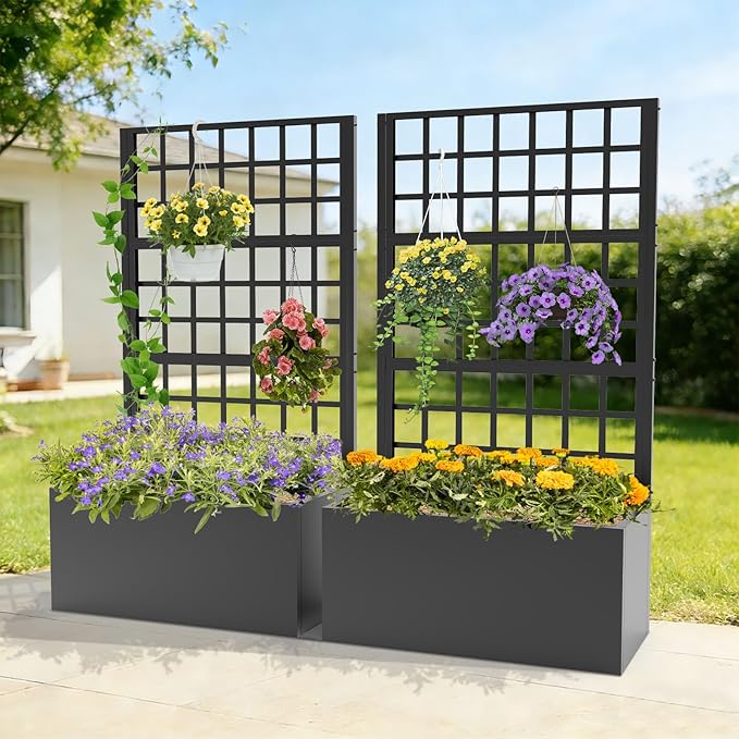 Metal Planter Box with Trellis - 63"(H)*31.5(L)*15.8"(W) Plastic-Coated Rustproof Trellis Planter, Raised Garden Bed with Trellis, Privacy Screen with Planter Box for Garden, Balcony, Patio