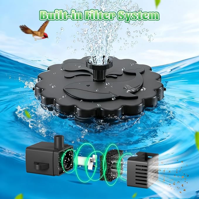Jutai Detachable Floating Solar Fountain Kit -No Battery, DIY 3.5W Glass Solar Panel Water Pump Works in Shadow for Bird Bath, Water Feature,Garden, Outdoor-7 Nozzles,9.8ft Power Cord