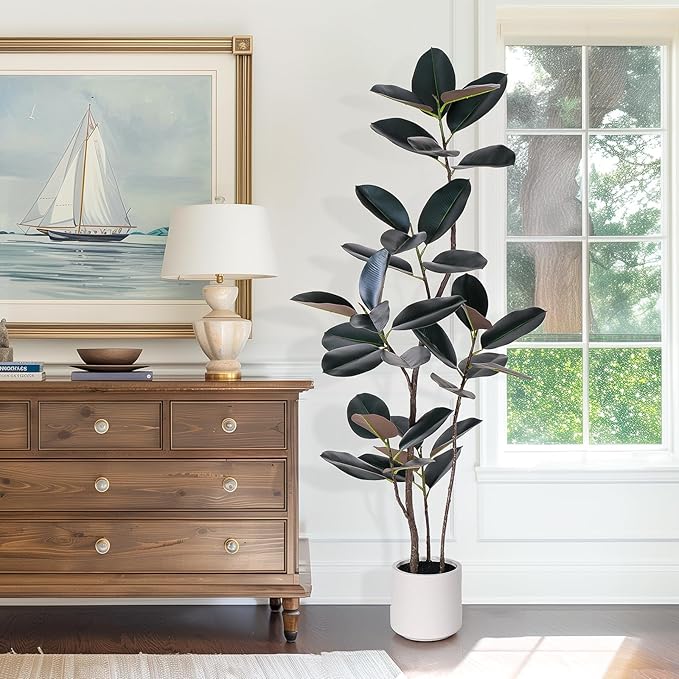 Yepdin Artificial Rubber Tree - 6 FT Tall Fake Tree with Pot - Large Artificial Plants Indoor, Lifelike Branches & Foliage - Faux Plants Indoor for Home Office Living Room Floor Patio Greening