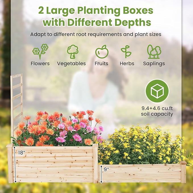 S AFSTAR Raised Garden Bed with Trellis & 2 Planter Boxes, 88" x 25" x 53" Outdoor Wooden Planter Box Kit for Flower Herb Veggies Fruit Climbing Vines, Elevated Gardening Planter for Garden Patio