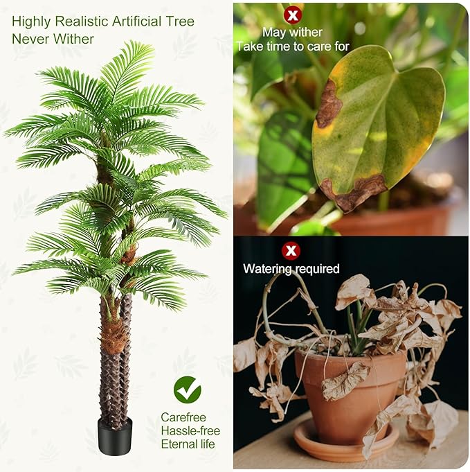 8.5ft Tall Artificial Palm Tree for Outdoors - Triple Phoenix Palm, UV Resistant, Large Fake Silk Palm Tree - Perfect for Patio, Poolside, Home Indoor Aesthetic Decor