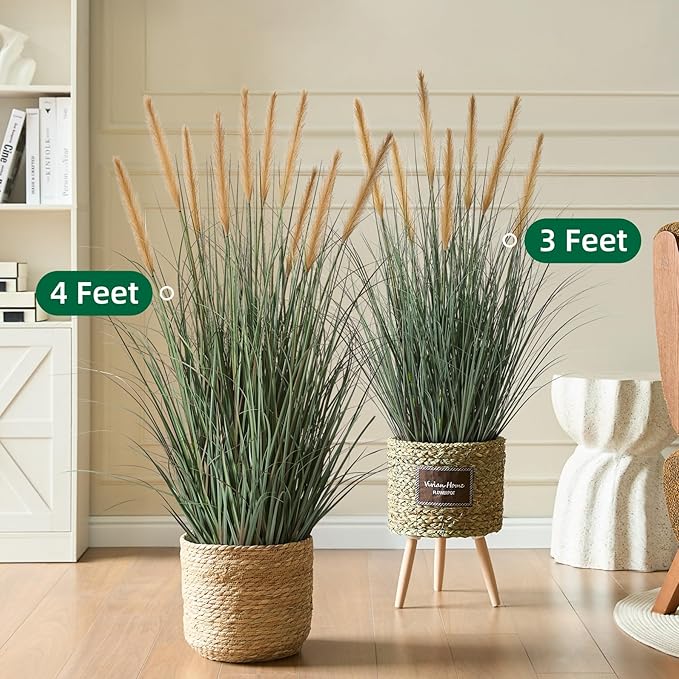 FloraFairy 4ft Onion Grass, Artificial Plant and Greenery, 48in Faux Horsetail Reed Grass with 10 Feathery Flower Heads, Potted Fake Floor Plants for Indoor Outdoor, House Decorative