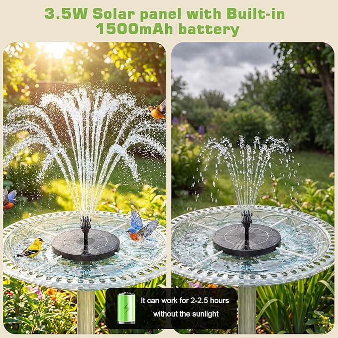 AISITIN 3.5W Solar Fountain Pump Built-in 1500mAh Battery, Bird Bath Fountain with 6 Nozzles, Solar Floating Water Pump for Bird Bath, Fish Tank, Pond, Pool, Garden and Outdoor