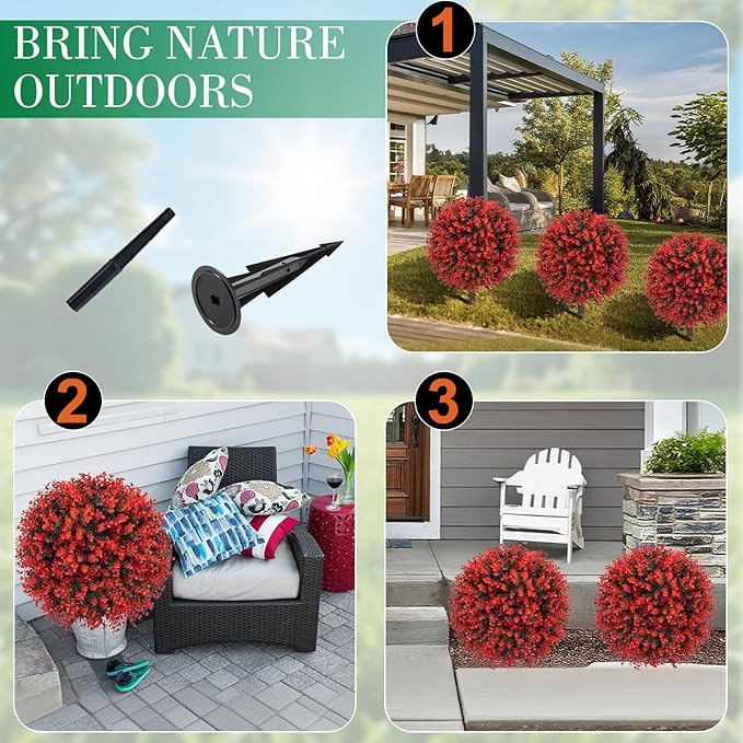 AOKIIE Set of 2 Artificial Red Boxwood Topiary Ball Tree for Outdoor with Ground Spike, 22" UV Resistant Faux Greenery Shrubs, Fake Plants for Garden Yard Porch Patio(Red)