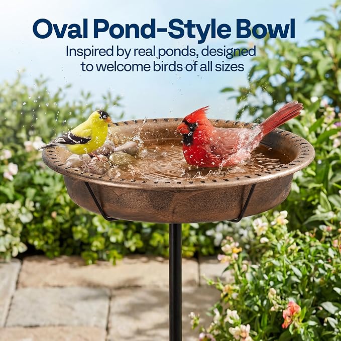 VIVOHOME Oval Bird Bath for Outside, Outdoor Birdbath Bowl with Metal Ground Stake, Weather-Resistant ABS Bird Bath and Feeder for Garden, 1.3 Gallons, Bronze