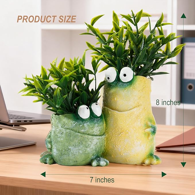 Frog Pen Holder for Desk, Cute 2-in-1 Resin Flower Pot & Pencil Cup, Holds 10 Pens, Vintage Stacked Frog Figurine with Removable Artificial Grass, Functional Desk Organizer for Office Home Decor,