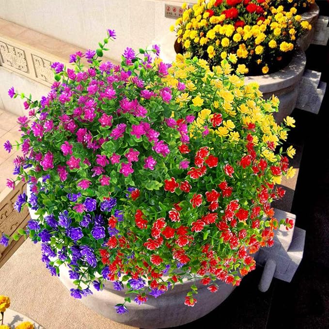 6 Bundles Outdoor Artificial Flowers UV Resistant Fake Boxwood Plants, Faux Plastic Greenery for Indoor Outside Hanging Plants Garden Porch Window Box Home Wedding Farmhouse Decor (Red)